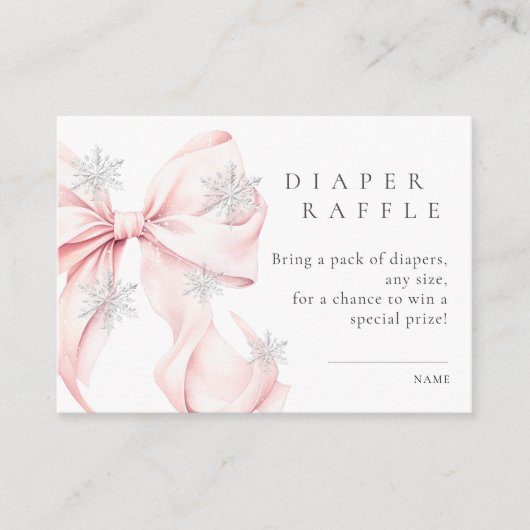 ピンクボウ雪片ベビーシャワーおむつラッフル エンクロージャーカード (正面)