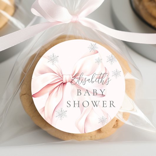 ピンクボウ雪片ベビーシャワー ラウンドシール