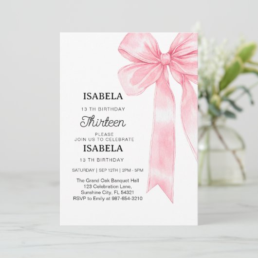 ピンクボウ1回目の誕生日、エレガント1回目のピンクリボン 招待状 (スタンド正面)