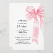 ピンクボウ1回目の誕生日、エレガント1回目のピンクリボン 招待状 (正面/裏面)