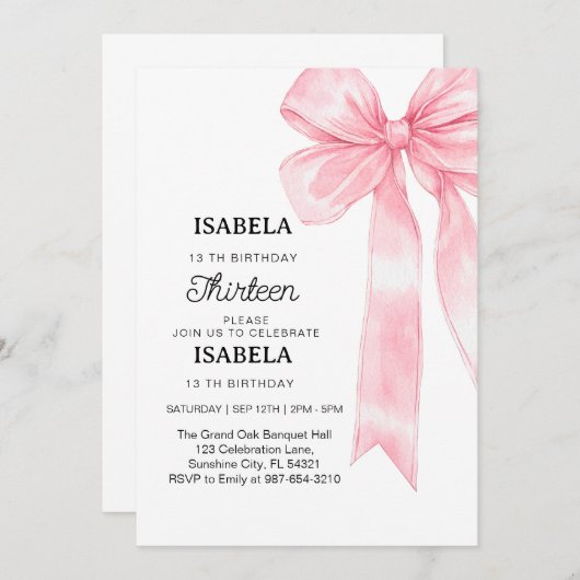 ピンクボウ1回目の誕生日、エレガント1回目のピンクリボン 招待状 (正面/裏面)