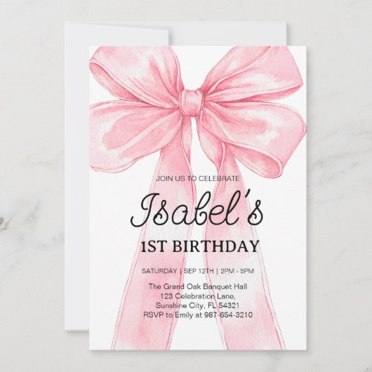 ピンクボウ1回目の誕生日、エレガント1回目のピンクリボン 招待状 (正面)