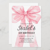 ピンクボウ1回目の誕生日、エレガント1回目のピンクリボン 招待状 (正面/裏面)