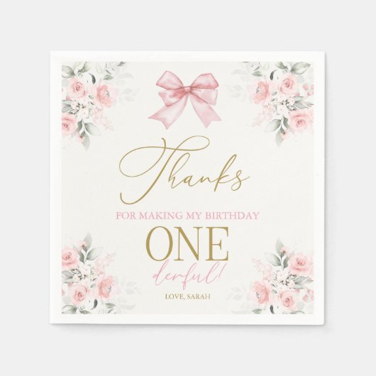 ピンクボウ1stバースデーガールナプキンス スタンダードカクテルナプキン (正面)