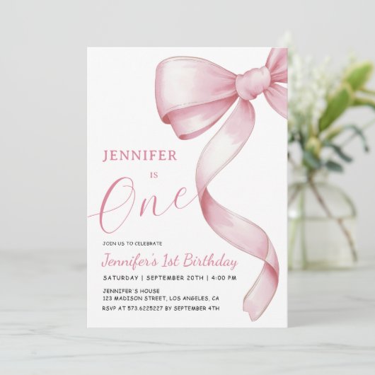 ピンクボウ1stバースデーガールパーティの招待状 招待状 (スタンド正面)