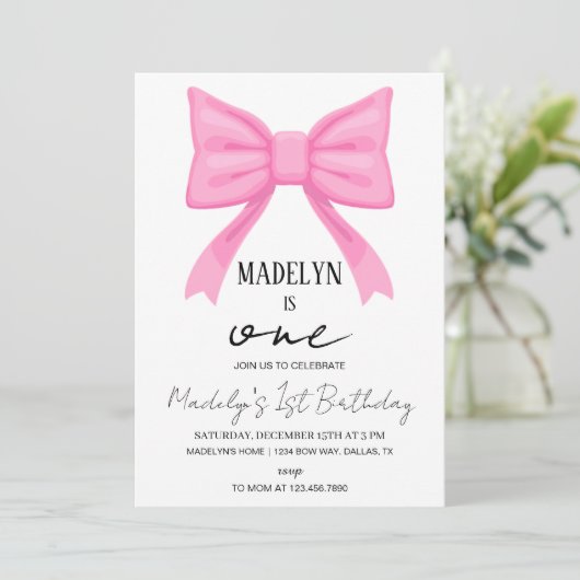 ピンクボウ1st誕生日招待状ガールピンクコケ 招待状 (スタンド正面)
