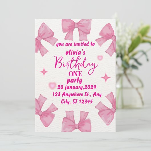 ピンクボウ1st誕生日招待状ガール シーズンカード (スタンド正面)