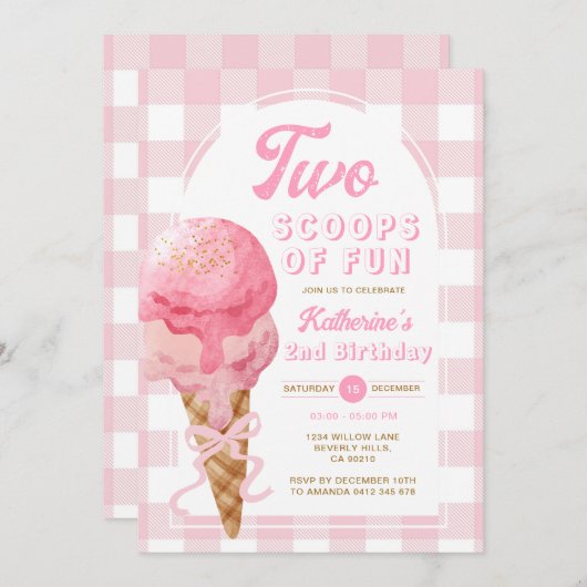 ピンクボウ2スクープおもしろい2nd誕生日ギンガム 招待状 (正面/裏面)