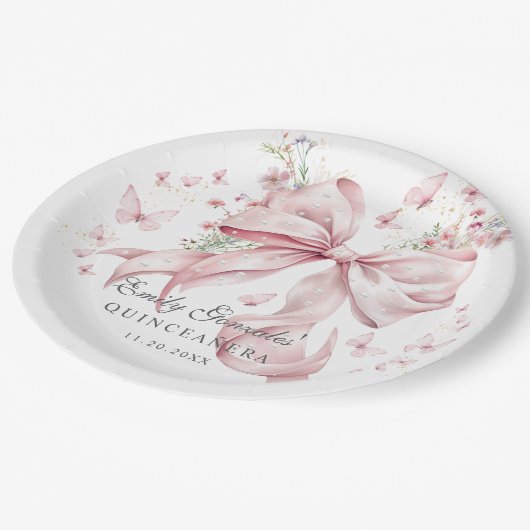 ピンクボウ&エレガントパールコケットキンセアニラ ペーパープレート (アングル)