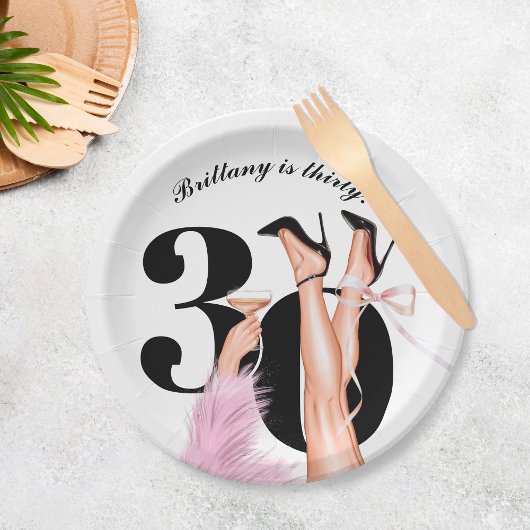 ピンクボウ&カクテルコケモダンット30歳の誕生日 ペーパープレート