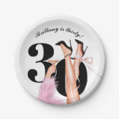 ピンクボウ&カクテルコケモダンット30歳の誕生日 ペーパープレート (正面)