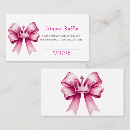 ピンクボウ&クラウンベビーシャワーおむつラッフル 名刺 (正面/裏面)
