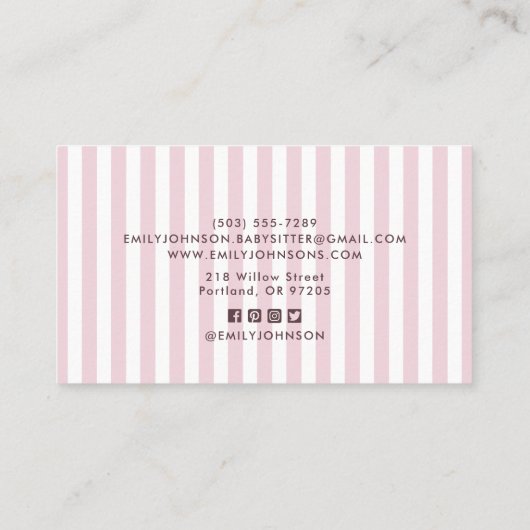 ピンクボウ&ストライプSNSアイコンベビーシッター 名刺 (裏面)