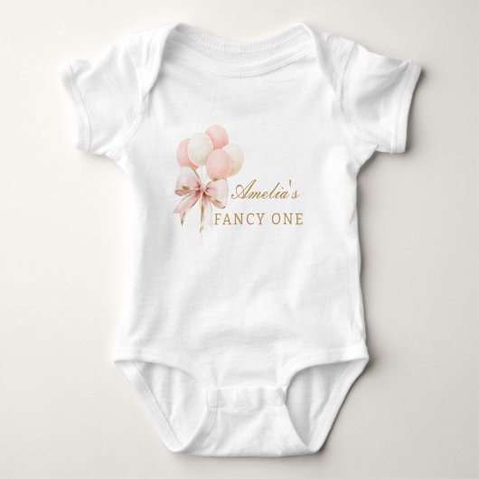 ピンクボウ&バルーン1stガール誕生日 ベビーボディスーツ (正面)