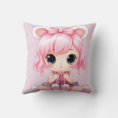 ピンクボウ、パープルドレス、大きな目の漫画 クッション (裏面)