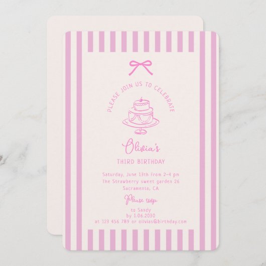 ピンクボウ、ピストライプのンク | 紫の誕生日 招待状 (正面/裏面)