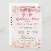 ピンクボウ&フローラ卒業パーティー招待状 招待状 (正面/裏面)