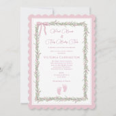 ピンクボウ&ベビーつま先ベビーエレガントシャワー 招待状 (正面)