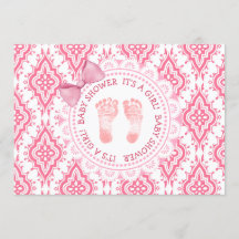 ピンクボウ&レースその女の子ベビーシャワー招待状