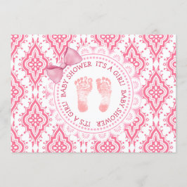 ピンクボウ&レースその女の子ベビーシャワー招待状 招待状