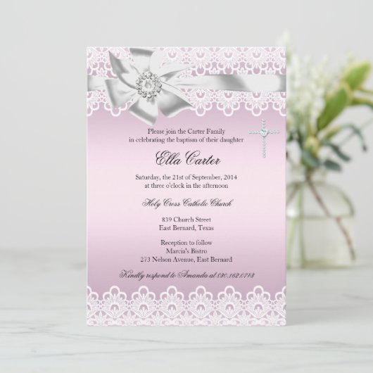 ピンクボウ&レースクロスガールバプテスマ招待状 招待状 (スタンド正面)
