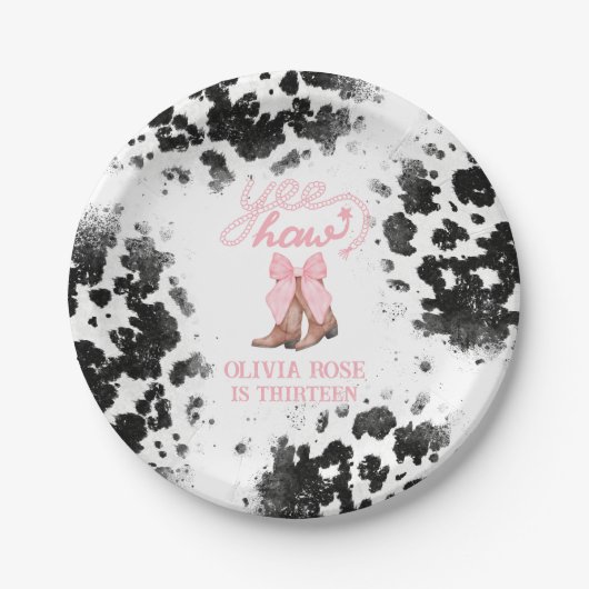 ピンクボウ&女性のカーボーイブーツコケットウェスタン誕生日 ペーパープレート (正面)