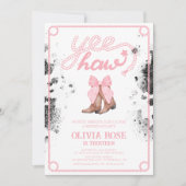 ピンクボウ&女性のカーボーイブーツコケットウェスタン誕生日 招待状 (正面)