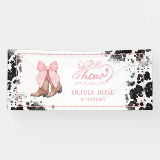 ピンクボウ&女性のカーボーイブーツコケットウェスタン誕生日 横断幕 (横)