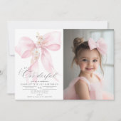 ピンクボウOnederful女の子1stバースデーフォト 招待状 (正面)