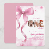 ピンクボウOnederful Baby Girl Photo 1st Birthday 招待状 (正面/裏面)