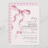 ピンクボウSweet sixteen誕生日パーティーへの招待 (正面/裏面)