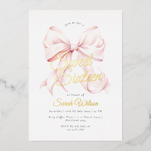 ピンクボウSweet sixteen誕生日フォイル招待状 箔招待状 (正面)