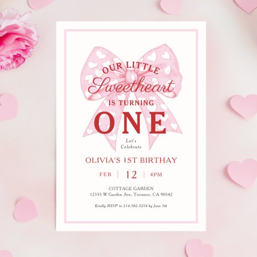 ピンクボウSweetheart Is One Girl 1st Birthday 招待状