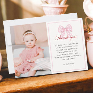 ピンクボウSweetheart Is One Girl 1st Birthday Photo サンキューカード