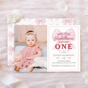 ピンクボウSweetheart Is One Girl 1st Birthday Photo 招待状