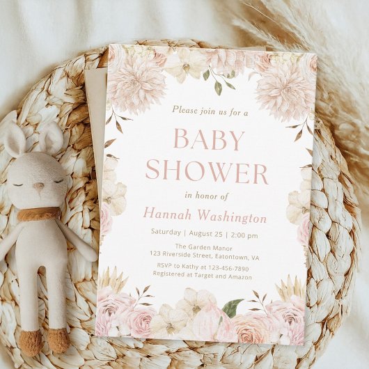 ピンクボエレガントホフローラベビーシャワー招待状 招待状