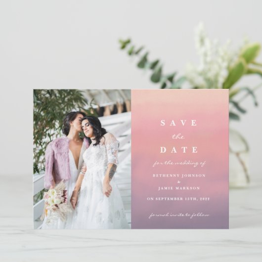 ピンクボグラデーションーホミニマリストの日付を保存 サンキューカード (スタンド正面)