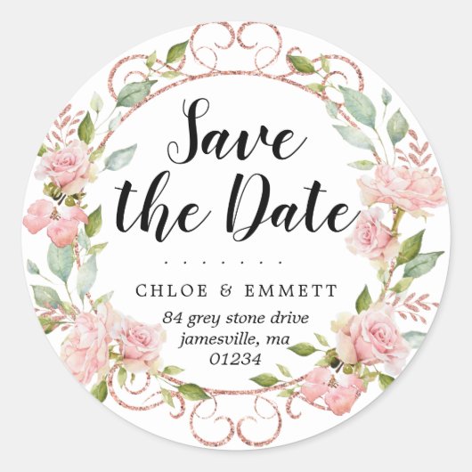 ピンクボタニカルセーブ・ザ・デイト差出人住所ラベル ラウンドシール (正面)