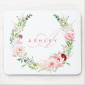 ピンクボタニカルバラ&牡丹リースネームモノグラム マウスパッド (正面)
