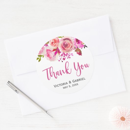 ピンクボタニカル結婚フローラありがとう ラウンドシール (封筒)