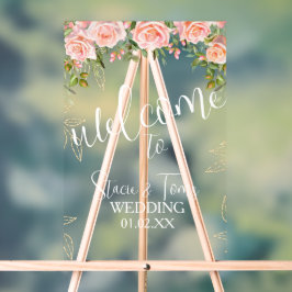 ピンクボタニカル花模様結婚金ゴールド アクリルサイン