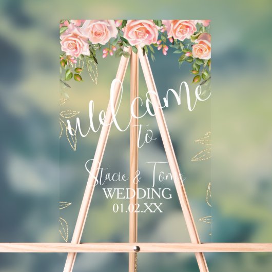 ピンクボタニカル花模様結婚金ゴールド アクリルサイン (ニュートラル)