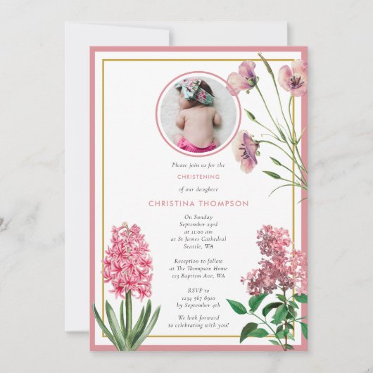ピンクボタニカル金ゴールドバプテスマ《キリスト教》洗礼式や命名式ガールフォト 招待状 (正面)