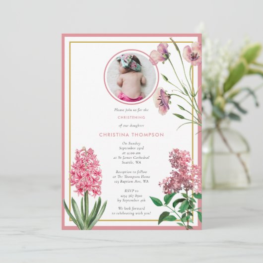 ピンクボタニカル金ゴールドバプテスマ《キリスト教》洗礼式や命名式ガールフォト 招待状 (スタンド正面)