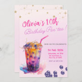 ピンクボバティーガール誕生日パーティー招10代の待 招待状 (正面/裏面)