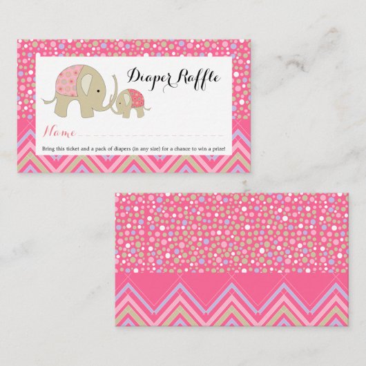 ピンクボヘミアンエレファントベビーおむつラッフルチケット エンクロージャーカード (正面/裏面)