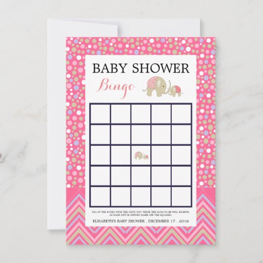 ピンクボヘミアンゾウ&シェブロン赤ちゃんシャワービンゴ 招待状 (正面)