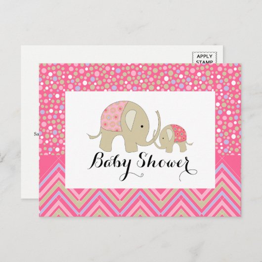 ピンクボヘミアンゾウ&シェブロン赤ちゃんシャワー インビテーションポストカード (正面/裏面)