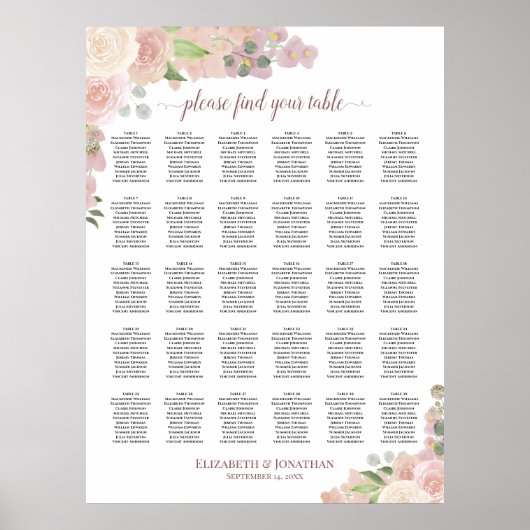ピンクボヘミアンローズの30卓結婚式座席表 ポスター (正面)