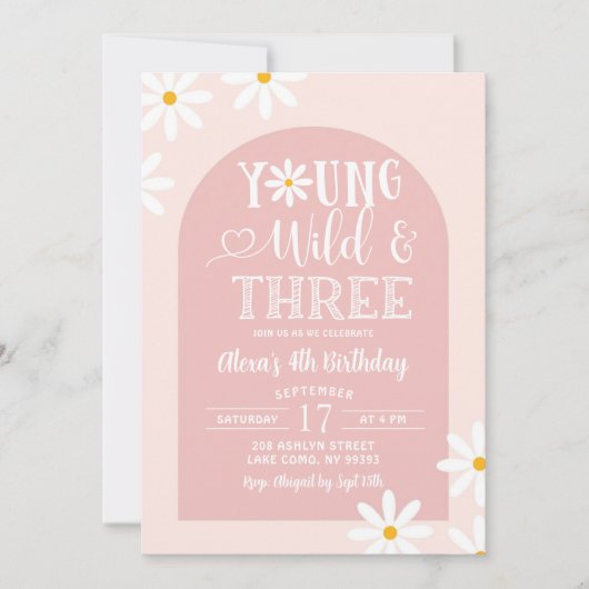 ピンクボホアーチデイジーヤングワイルドアンドスリー誕生日 招待状 (正面)